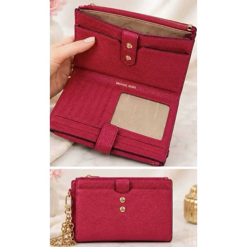 Michael Kors Leather Jet Set Double Zip Pink Pebbled Wristlet Wallet Gold Chain